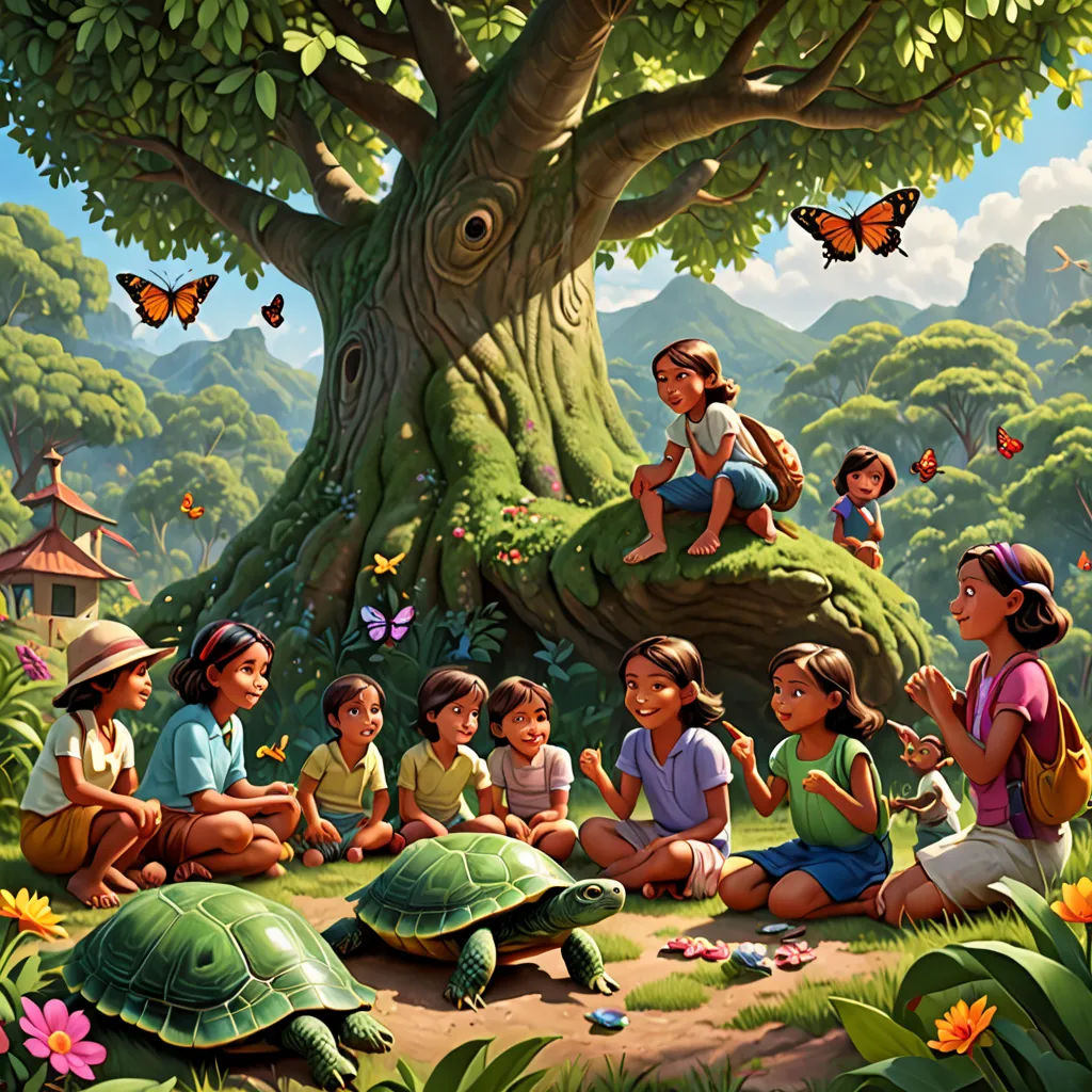 a group of children sitting under a tree with a turtle in the foreground and a group of butterflies flying above, magical realism, a storybook illustration, Don Bluth, storybook illustration