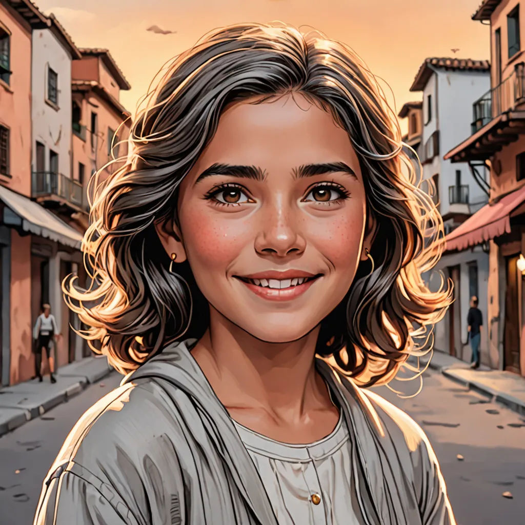 a digital painting of a woman in a street with buildings in the background and a bird flying overhead in the sky, Bob Byerley, photorealism, a comic book panel, highly detailed digital painting