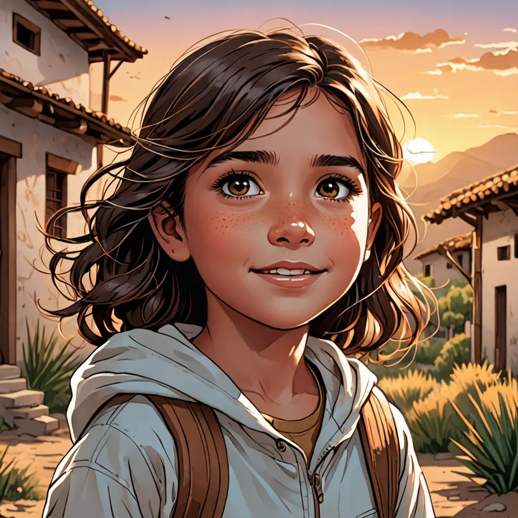 a young girl with a backpack standing in front of a house with a sunset in the background and a building with a roof, Diego Gisbert Llorens, paris school, a comic book panel, comic cover art