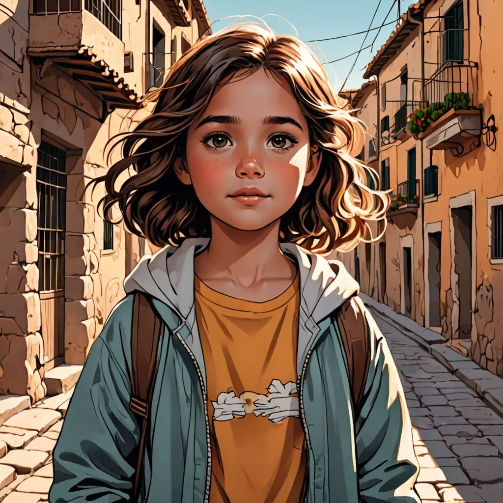 a painting of a girl in a yellow shirt and blue jacket standing in a street with buildings and cobblestones, Atey Ghailan, photorealism, a detailed painting, trending on art station
