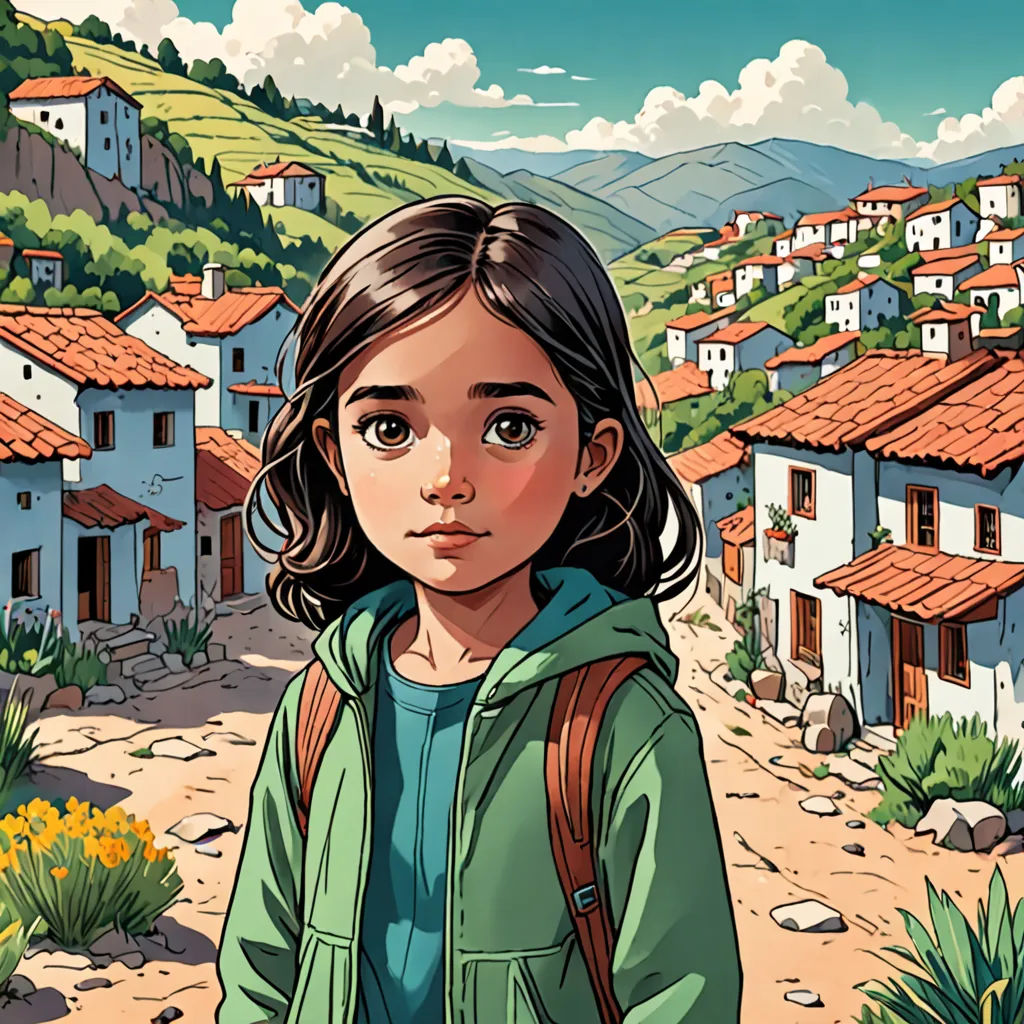 a girl in a green jacket standing in front of a village with mountains and houses in the background and a blue sky, Diego Gisbert Llorens, hyperrealism, a comic book panel, comic cover art