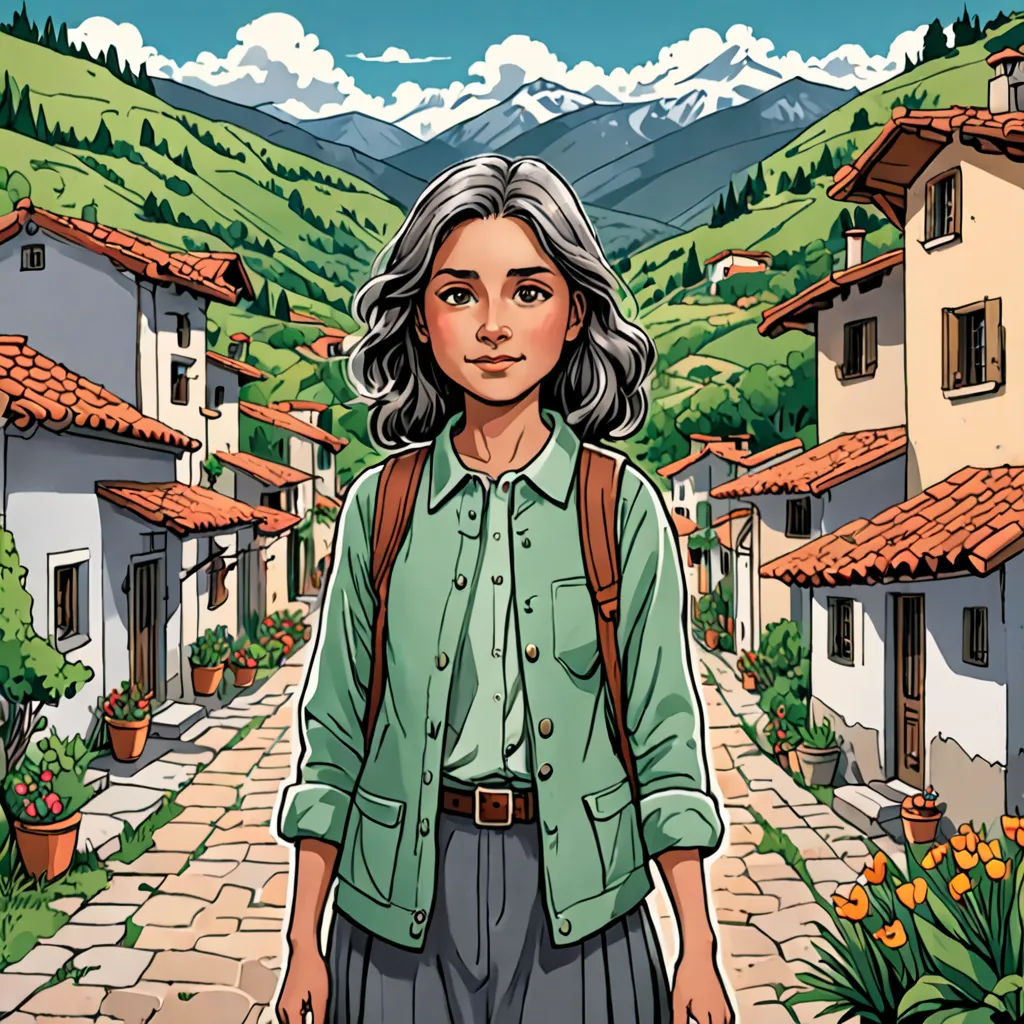 a woman with a backpack is standing in a village with mountains in the background and flowers in the foreground, Colin Middleton, magical realism, a storybook illustration, comic cover art