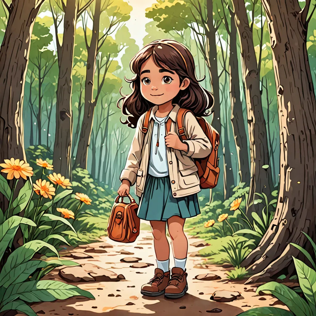 a girl with a backpack and a book bag walking through a forest with flowers and trees on either side of her, Clarice Beckett, serial art, a storybook illustration, official art