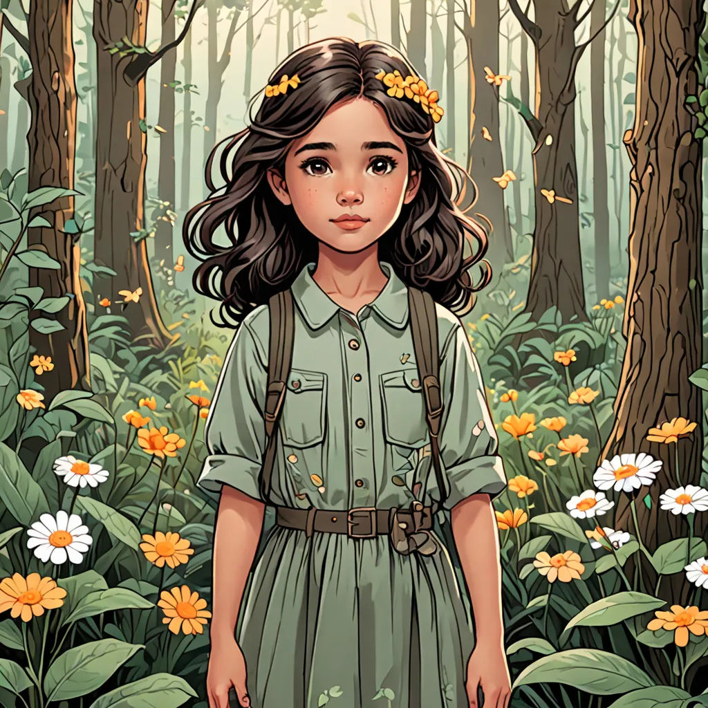 a girl in a forest with flowers in her hair and a backpack on her shoulder, standing in front of a forest with flowers, Clarice Beckett, fantasy art, a storybook illustration, trending on art station