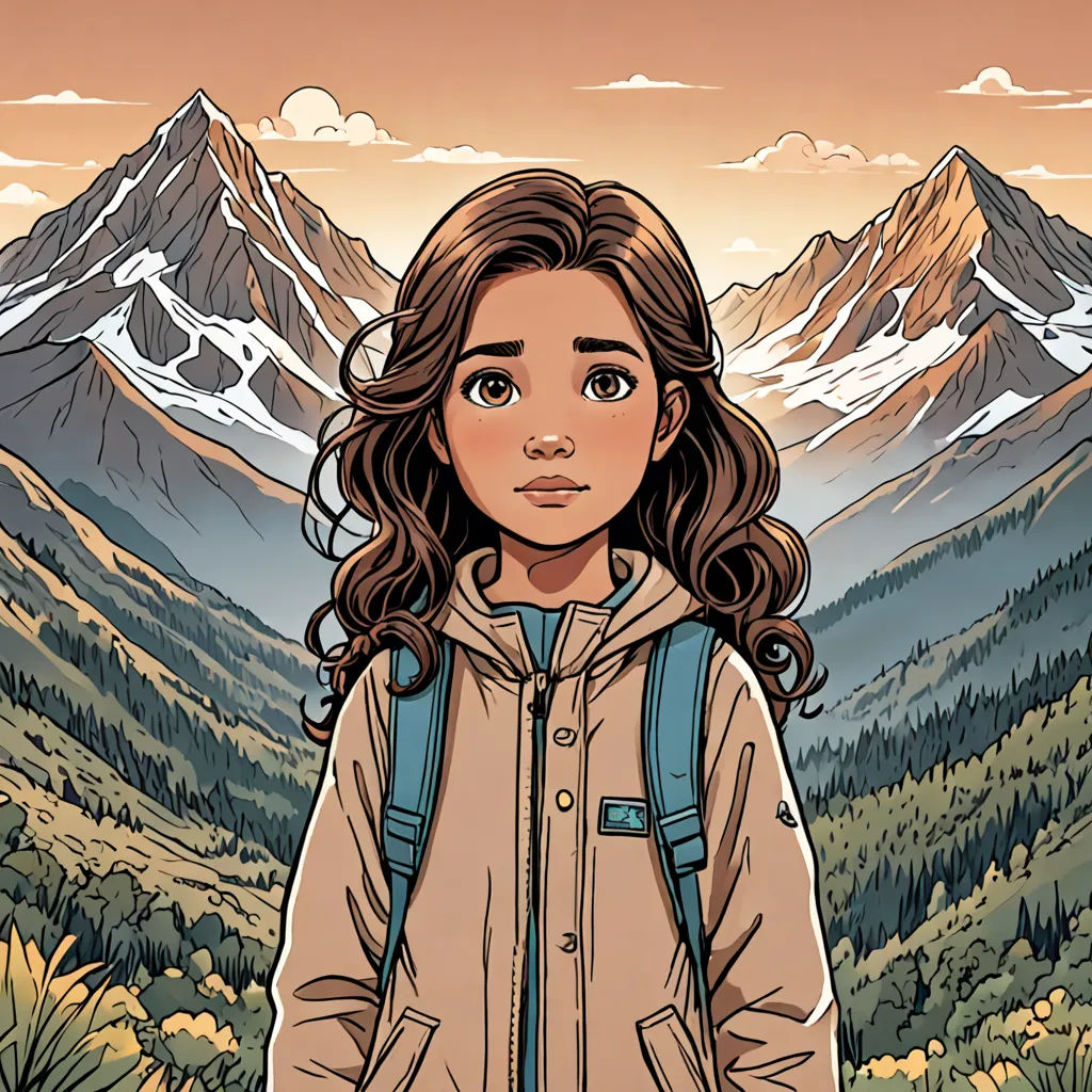 a girl with a backpack standing in front of a mountain range with a sunset in the background and a sky with clouds, Dan Mumford, process art, a comic book panel, graphic novel