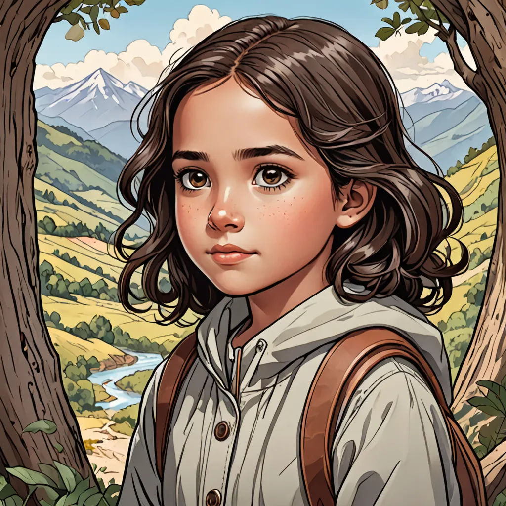 a painting of a girl with a backpack in a forest with mountains in the background and a river running through the woods, Dan Mumford, fantasy art, a detailed painting, stanley artgerm lau