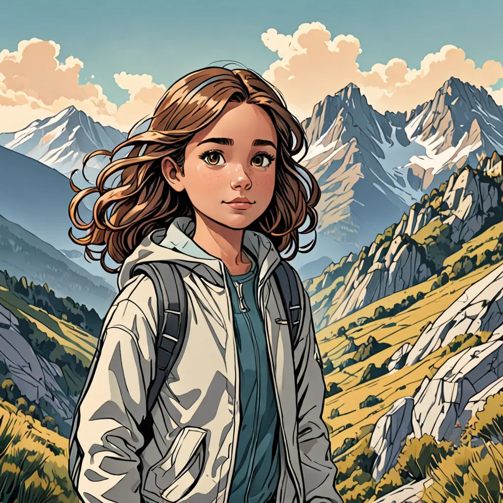 a girl in a jacket is standing in front of a mountain range with a mountain range in the background, Diego Gisbert Llorens, process art, a comic book panel, comic cover art