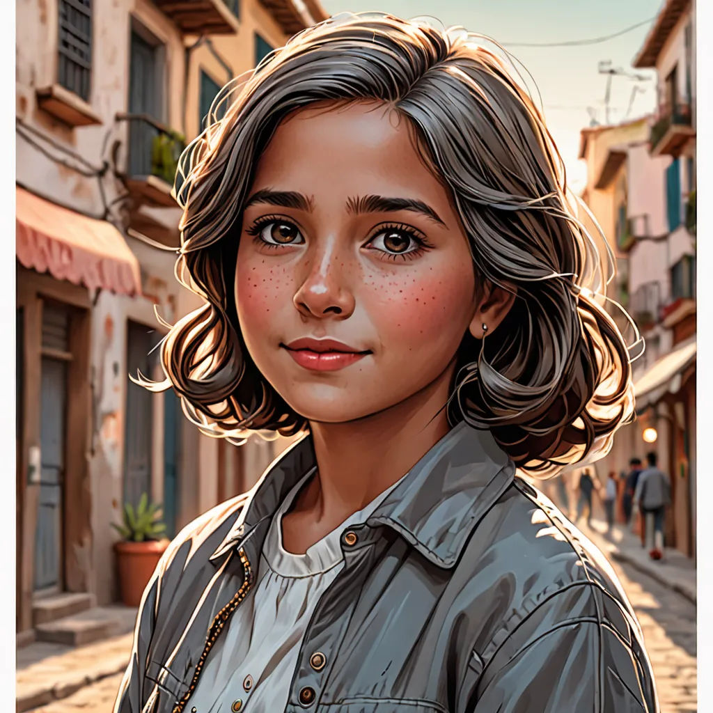 a digital painting of a woman in a street with buildings in the background and a woman with freckles on her hair, Artgerm, photorealism, a photorealistic painting, highly detailed digital painting