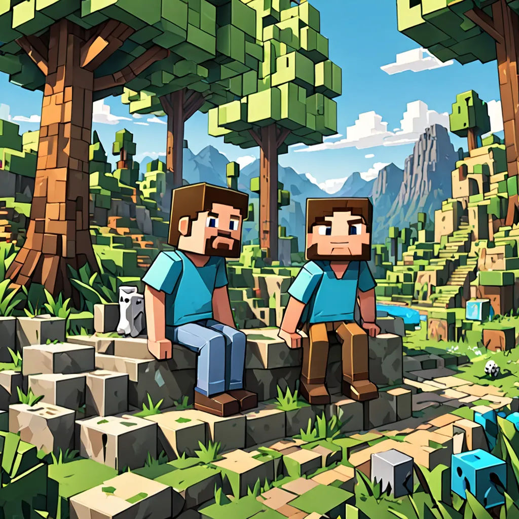two men sitting on a rock in a forest with mountains in the background and a river running through the middle, pixel art, pixel art, Beeple, highly detailed digital art