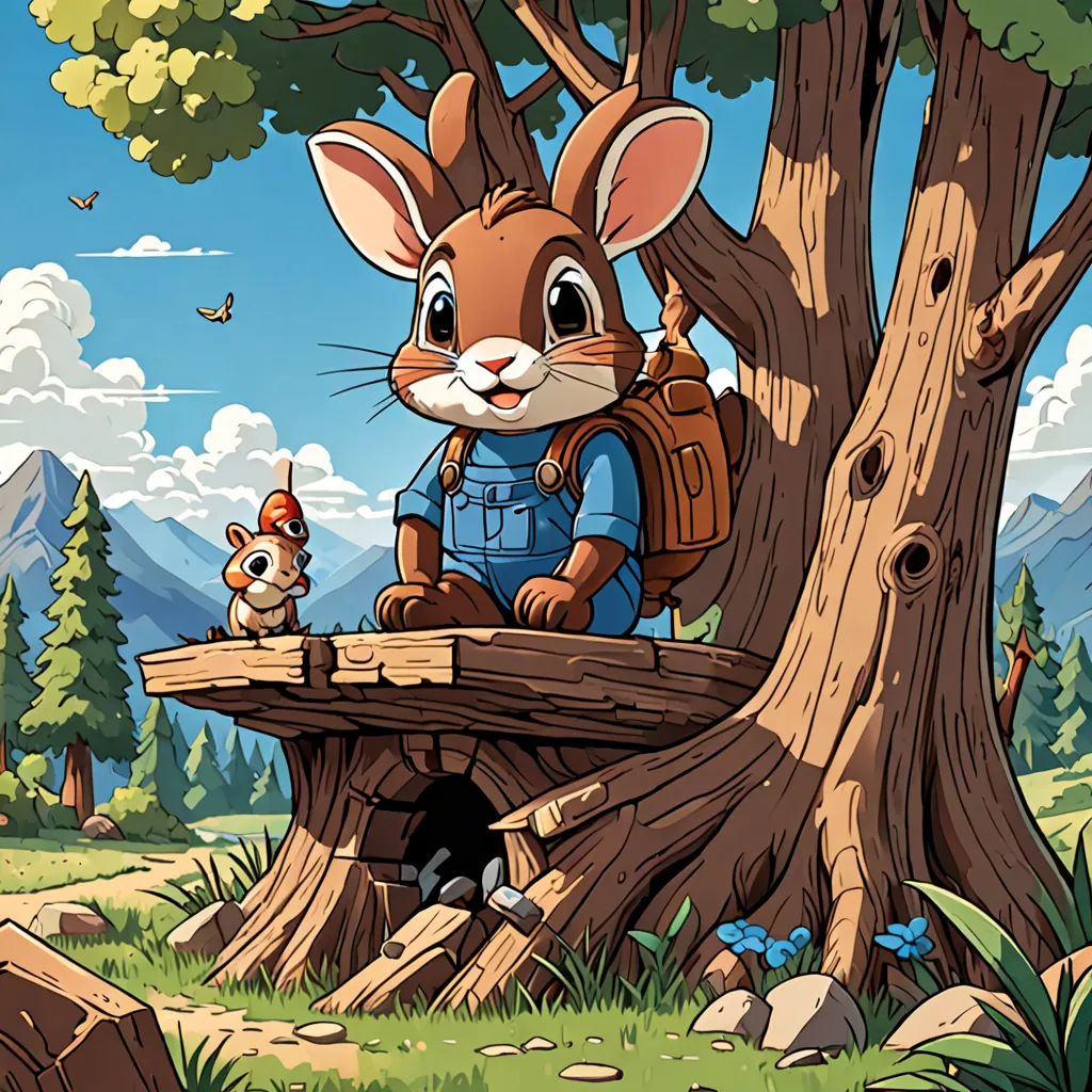 a cartoon rabbit with a backpack sitting on a tree stump in a forest with a squirrel on the log, furry art, a storybook illustration, Chris LaBrooy, storybook illustration