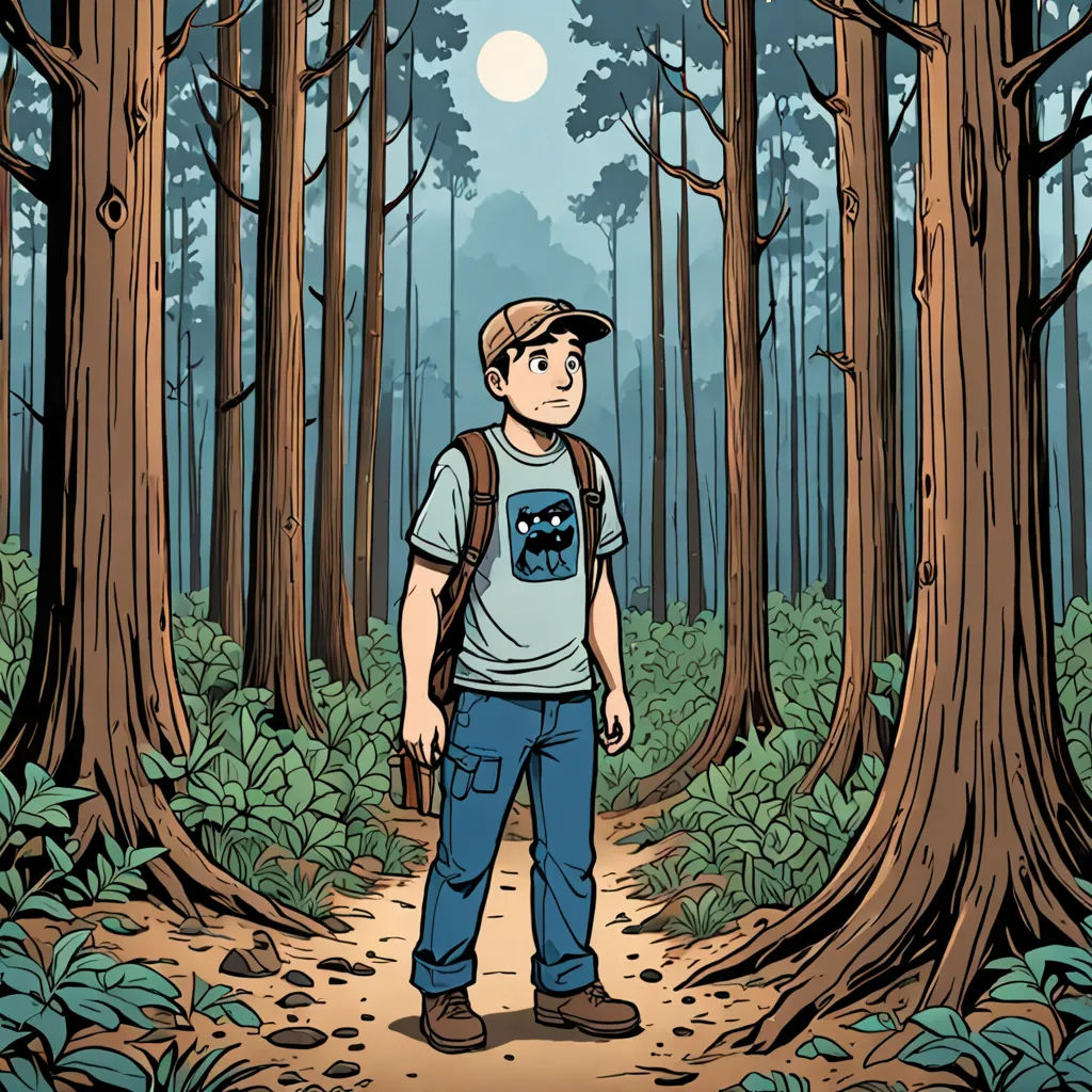 a man standing in the middle of a forest with a full moon in the background and trees in the foreground, underground comix, a character portrait, Asaf Hanuka, comic cover art