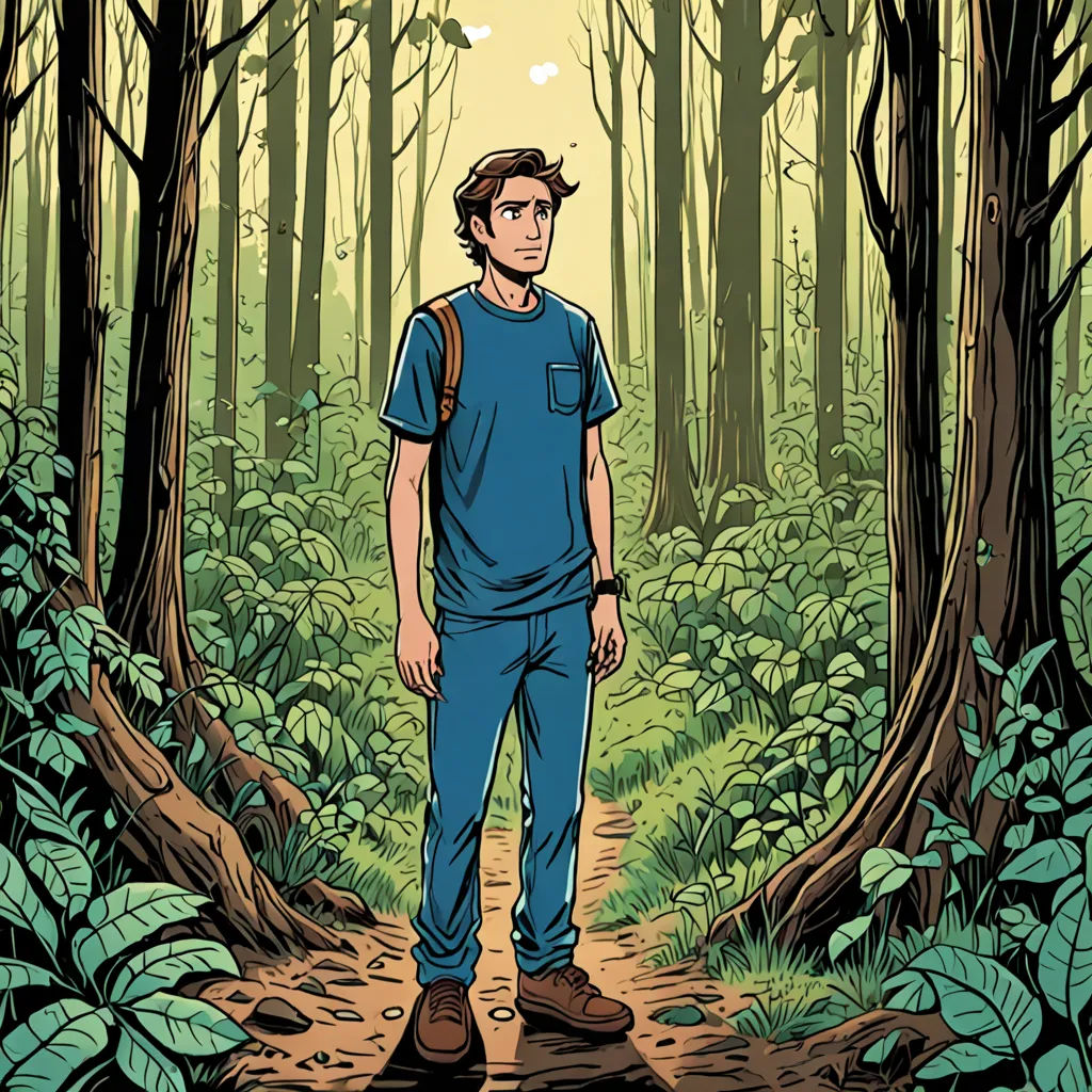 a man standing in the middle of a forest with trees and plants around him, with a sun shining through the trees, serial art, a character portrait, Asaf Hanuka, comic cover art