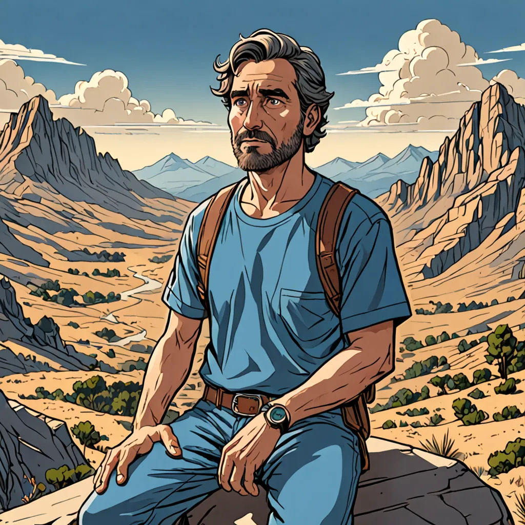 a man sitting on a rock in the mountains with a backpack on his back and a mountain range in the background, serial art, a character portrait, Diego Gisbert Llorens, character portrait