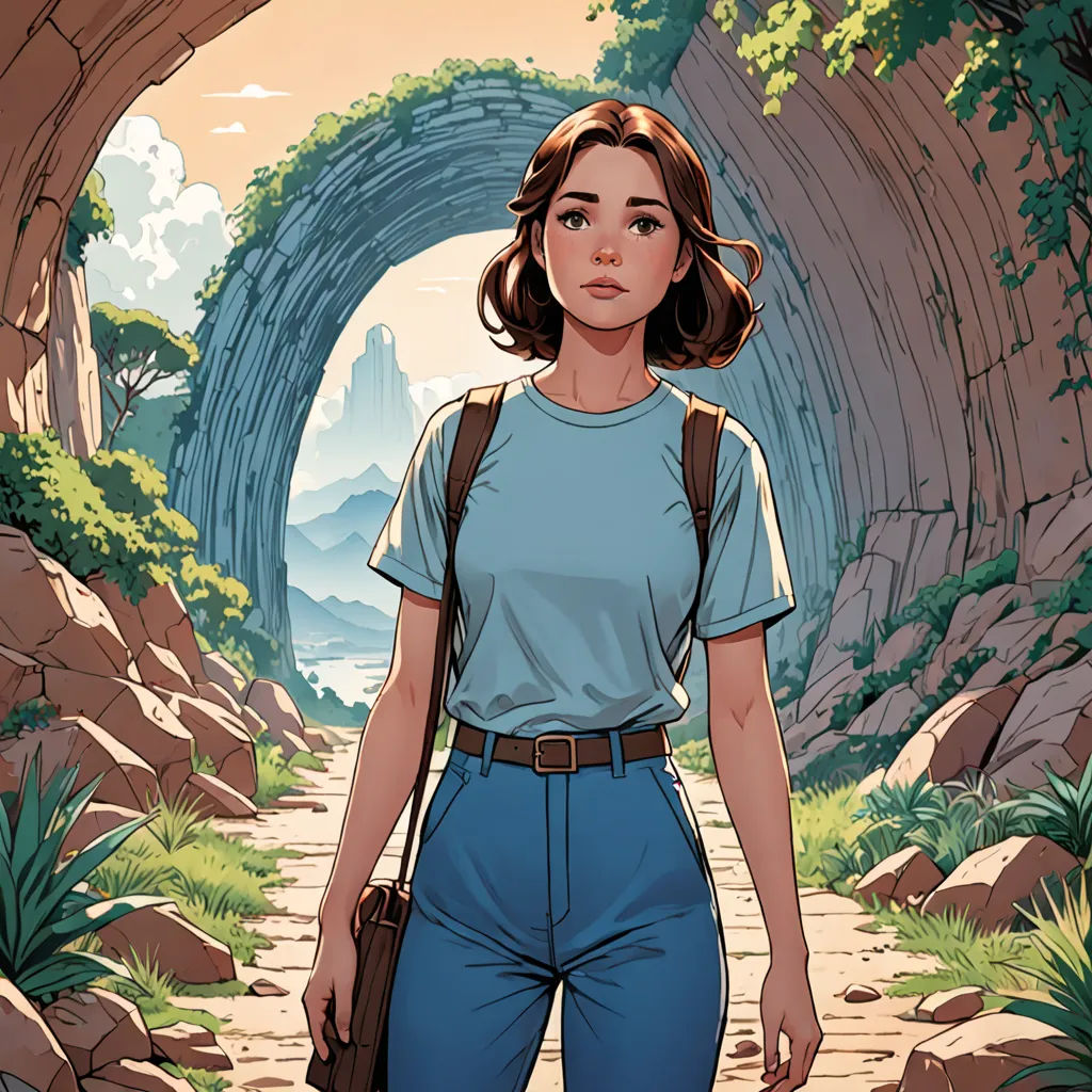 a woman in a blue shirt and blue pants is walking through a tunnel with a backpack on her shoulder, retrofuturism, poster art, Atey Ghailan, rossdraws global illumination