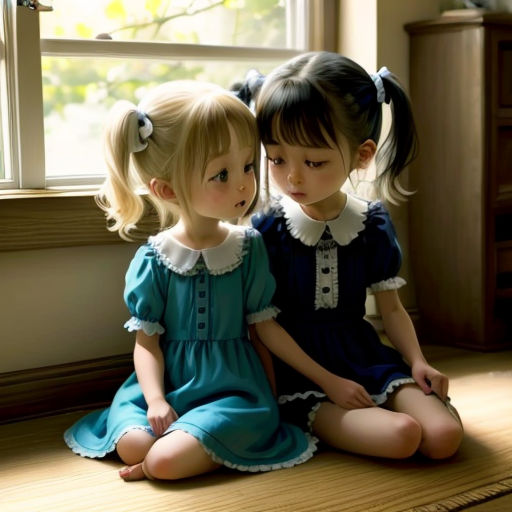 two little girls sitting on the floor next to each other in front of a window with a cat on the floor