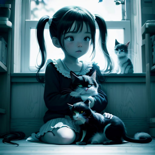 a girl sitting on the floor with two cats in front of her and a cat sitting on her lap