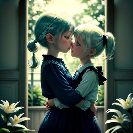 two children kissing each other in front of a window with flowers in the foreground and a green background