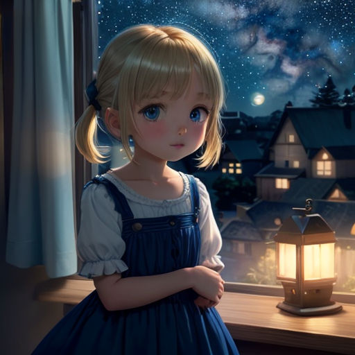 a little girl looking out a window at the stars in the sky and a lantern in the window sill
