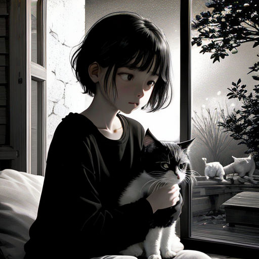 a woman sitting on a bed holding a cat in her arms and looking out a window at cats outside