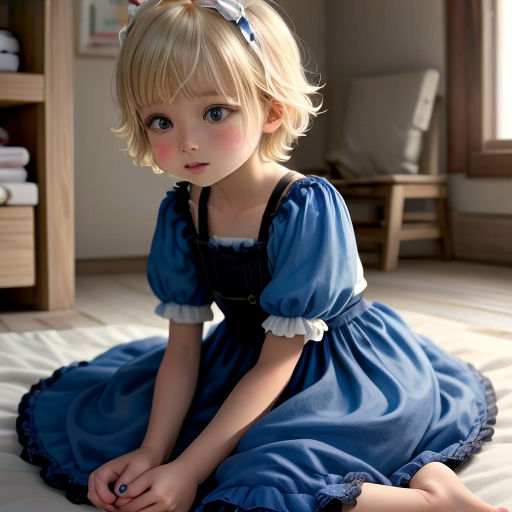 a little girl sitting on a bed in a blue dress and a bow in her hair, wearing a blue dress