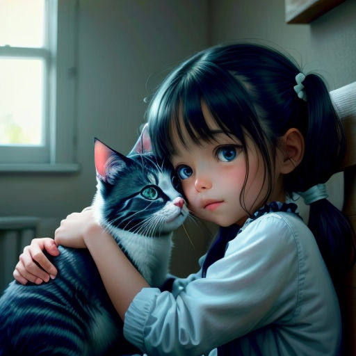 a girl holding a cat in her arms while sitting on a bed in front of a window with a cat on her lap
