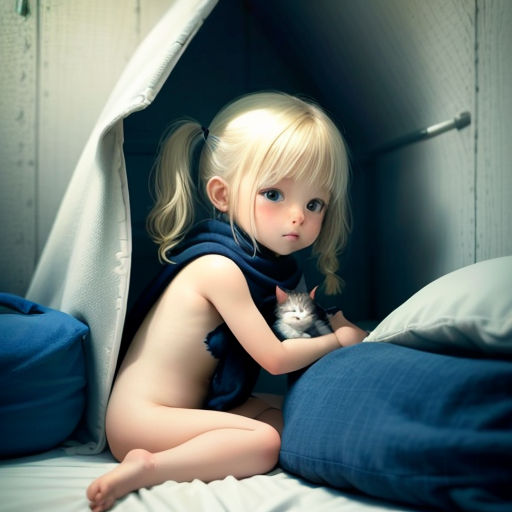 a little girl sitting on a bed with a cat in her lap and a blanket over her head and a pillow