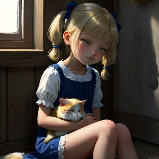 a painting of a little girl holding a cat in her lap and sitting on the floor with her legs crossed