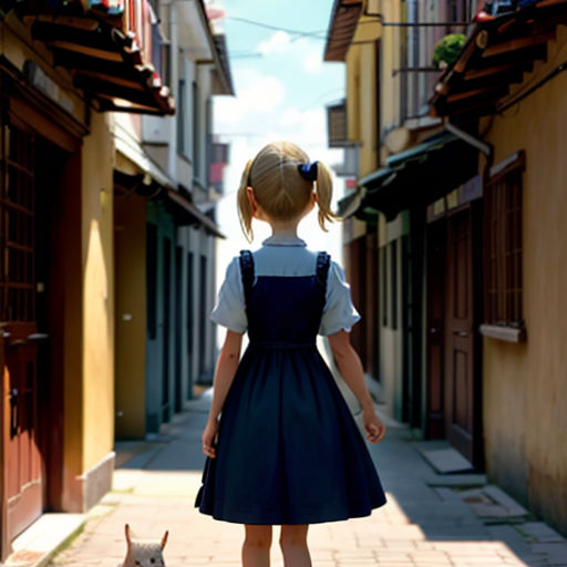 a little girl walking down a street with a dog on a leash next to her and a cat on the sidewalk