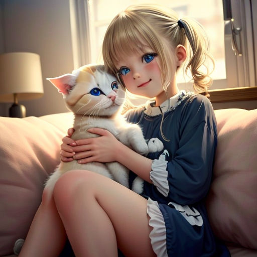 a girl is holding a cat on a couch in a room with a window and a lamp on the side