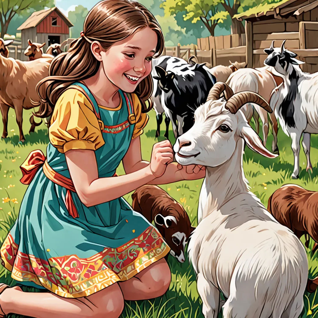 a girl kneeling down petting a goat in a field of goats and sheep behind her is a barn, Araceli Gilbert, lyco art, a storybook illustration, storybook illustration