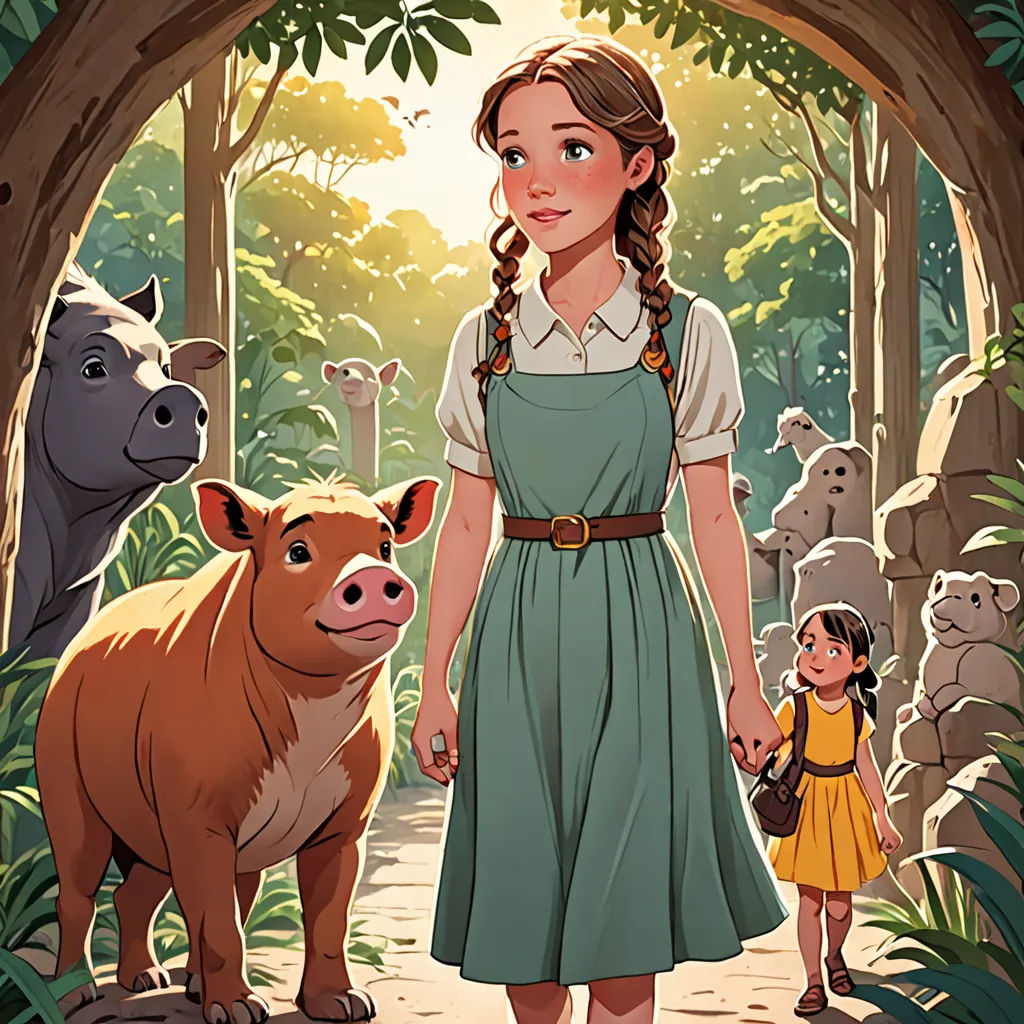 a girl in a dress standing next to a pig and a cow in a forest with a little girl, Anne Said, magical realism, a storybook illustration, official art