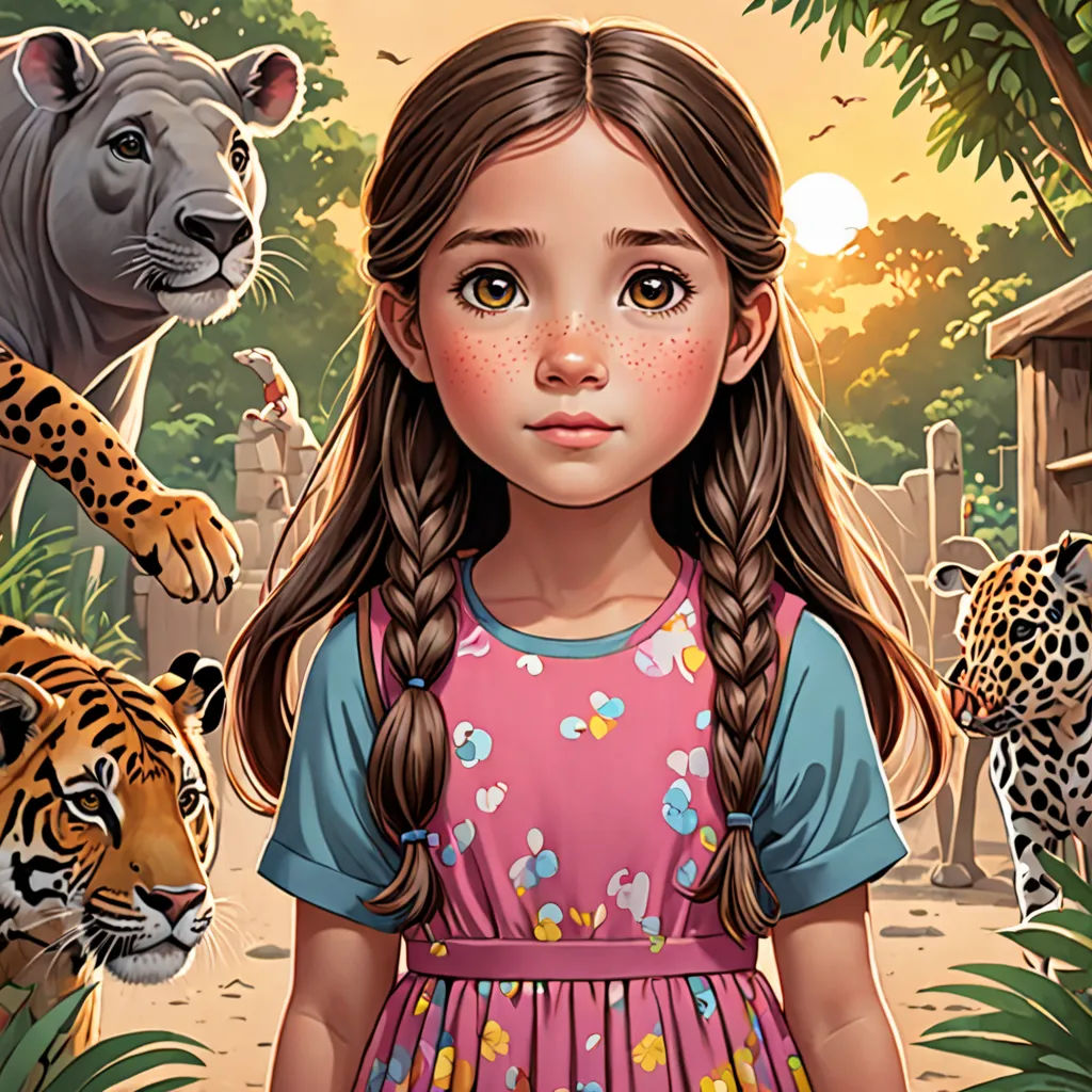 a girl in a pink dress standing in front of a group of tigers and tigers in a zoo setting, Cliff Childs, magical realism, a storybook illustration, high detail illustration