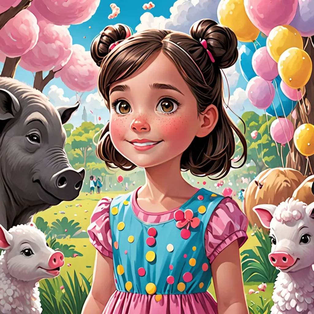 a girl standing in front of a group of animals and balloons in the air with a pig on her head, Diego Gisbert Llorens, pop surrealism, a storybook illustration, storybook illustration