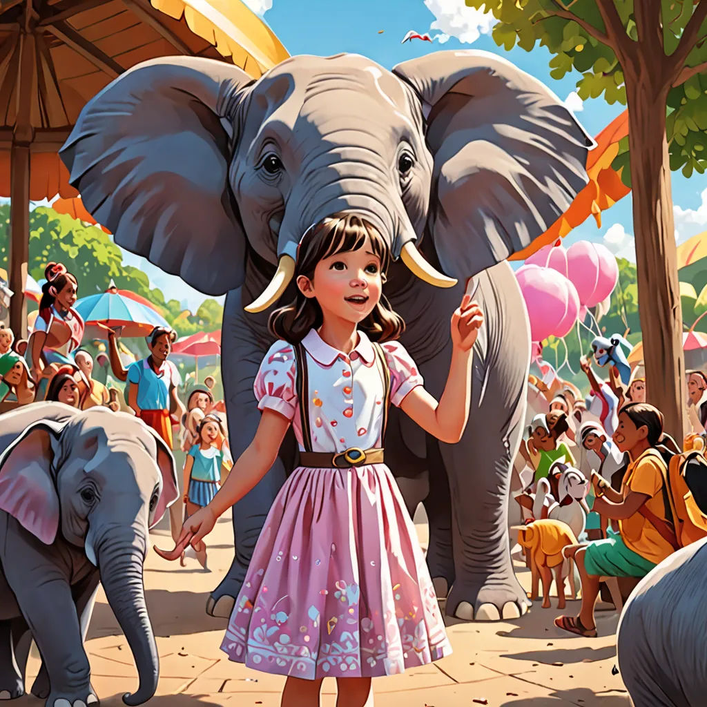a girl standing in front of an elephant with a crowd of people behind her and a large elephant behind her, Chris LaBrooy, fantastic realism, a storybook illustration, official art