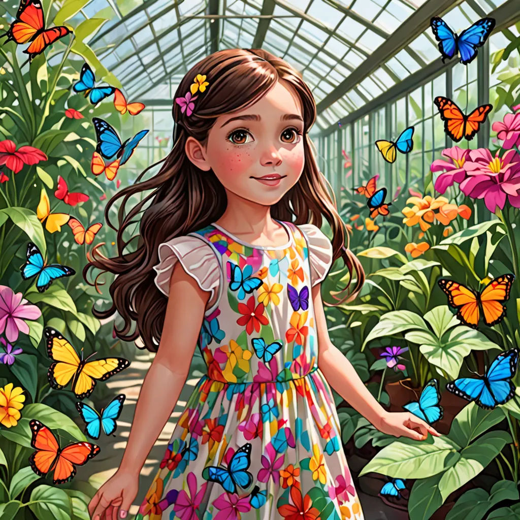 a painting of a girl in a butterfly garden with butterflies around her and a butterfly in her hair and a butterfly in her hair, Claire Hummel, magic realism, a storybook illustration, highly detailed digital painting