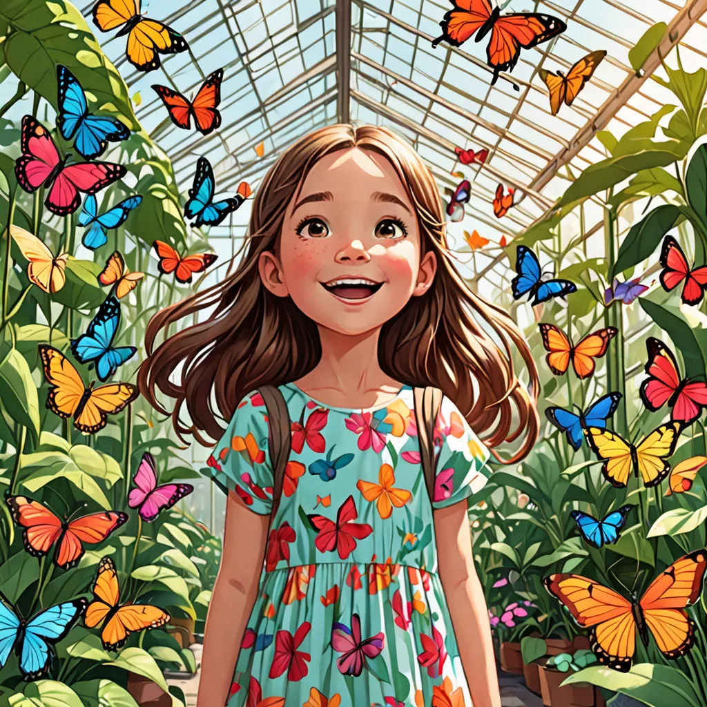 a girl in a butterfly dress standing in a greenhouse with butterflies around her and a butterfly in the air, Colin Middleton, magical realism, a storybook illustration, rossdraws global illumination