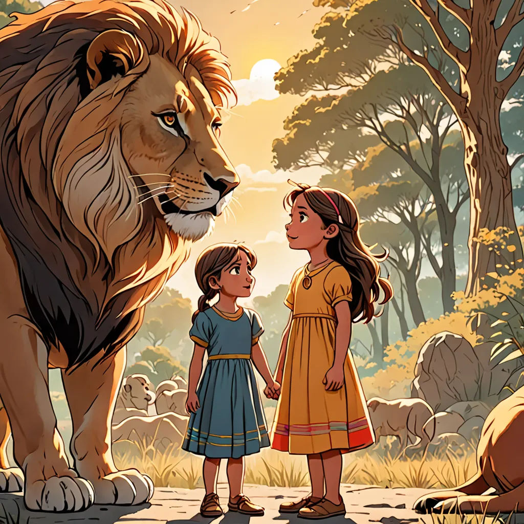 a girl and a girl standing next to a lion in a forest with rocks and trees in the background, Brothers Hildebrandt, bengal school of art, a storybook illustration, official art
