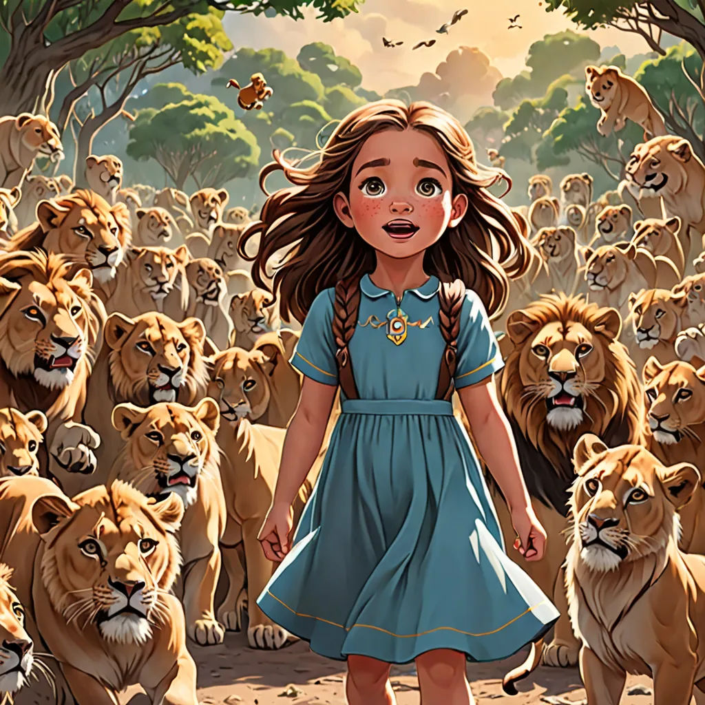 a girl in a blue dress standing in front of a large group of lions in a forest with a tree, Chris LaBrooy, furry art, a storybook illustration, rossdraws global illumination