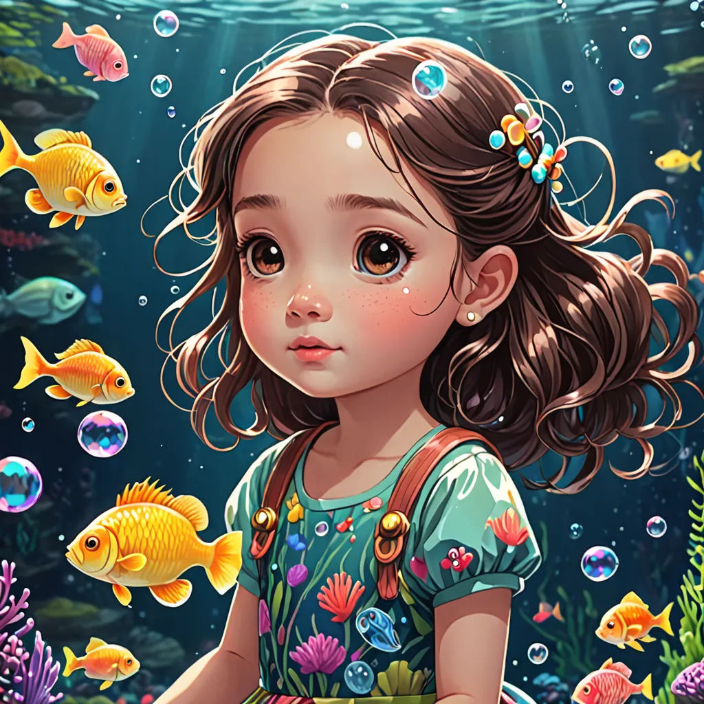 a little girl standing in front of a fish tank with bubbles and bubbles around her head and a fish in her hair, Cyril Rolando, fantasy art, a detailed painting, trending on art station