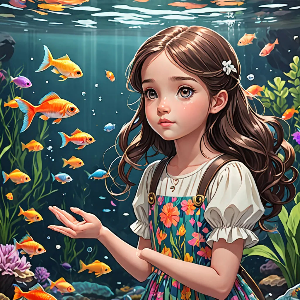a little girl standing in front of a fish tank with a fish in it's hand and a fish in her hand, Cyril Rolando, fantasy art, a storybook illustration, highly detailed digital painting