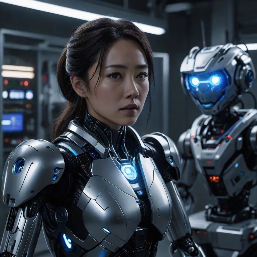 a woman in a sci - fi fi suit standing next to a robot in a sci - fi fi fi fi fi fi fi fi fi fi fi fi fi fi fi fi fi fi fi fi fi fi fi fi fi fi, Ai-Mitsu, les automatistes, a computer rendering, cgstudio