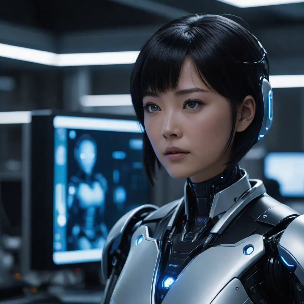 a woman in a futuristic suit looking at the camera with a computer monitor in the background and a monitor screen in the foreground, Ai-Mitsu, les automatistes, a computer rendering, ex machina