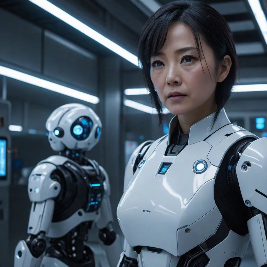 a woman in a futuristic suit standing next to two humanoids in a room with lights on the ceiling, Ai-Mitsu, les automatistes, a character portrait, promotional image