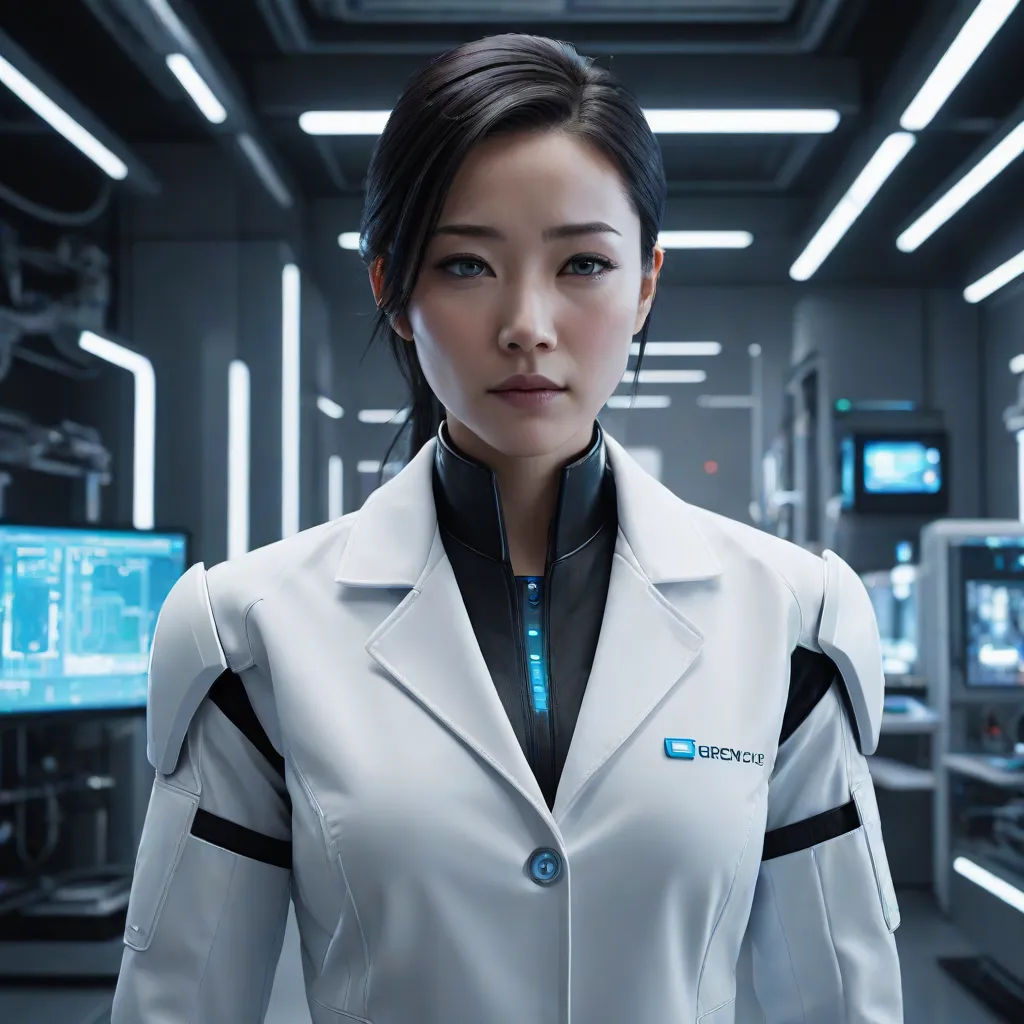 a woman in a white suit standing in a room with many monitors and lights on the ceiling and a blue light, Ai-Mitsu, neo-figurative, a computer rendering, unreal engine 5