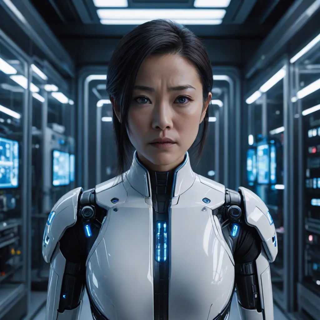 a woman in a futuristic suit standing in a server room with a lot of monitors on the wall behind her, Ai-Mitsu, neo-figurative, a character portrait, promotional image