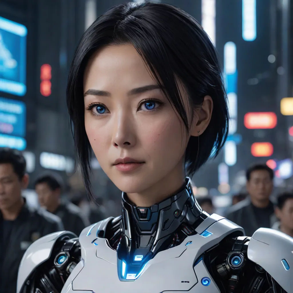 a woman in a futuristic suit standing in a city at night with other people in the background looking on, Ai-Mitsu, photorealism, a computer rendering, cgstudio