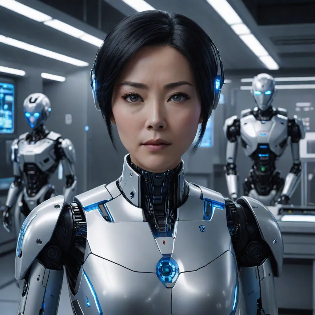 a woman in a futuristic suit with blue lights on her face and arms, standing in a room with other humanoids, Ai-Mitsu, les automatistes, a computer rendering, cgstudio