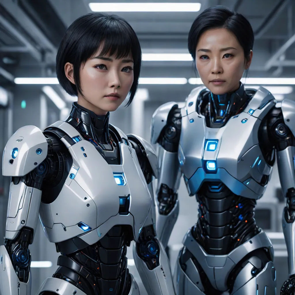 two women in futuristic suits standing in a hallway with a robot suit on their chest and arms behind them, Ai-Mitsu, afrofuturism, a computer rendering, ex machina