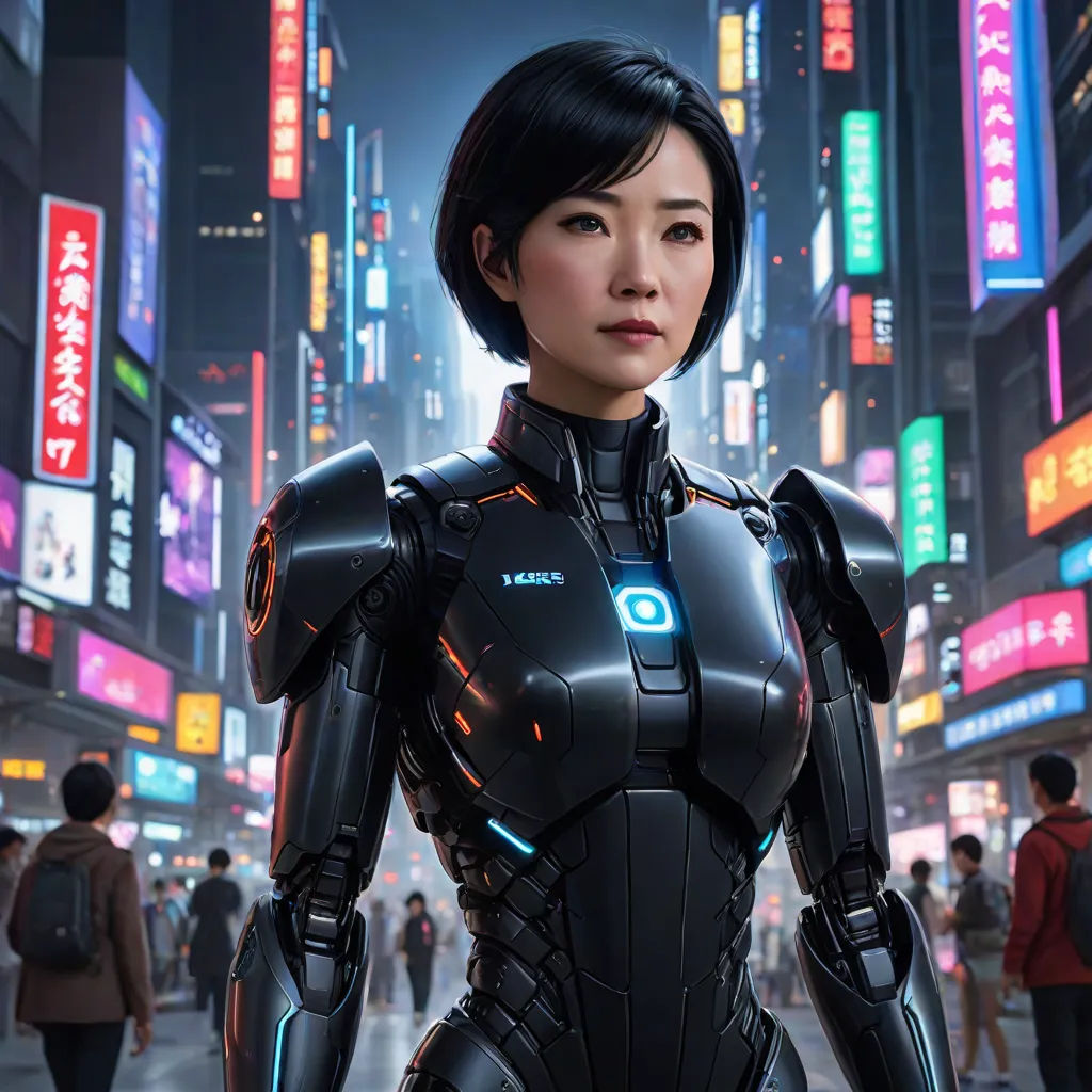 a woman in a futuristic suit standing in a city at night with neon signs in the background and a crowd of people walking around, Clint Cearley, retrofuturism, cyberpunk art, cgstudio