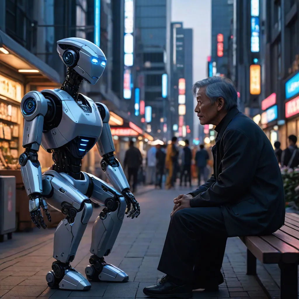 a man sitting on a bench next to a robot on a city street at night with people walking by, Ai-Mitsu, les automatistes, a stock photo, robots